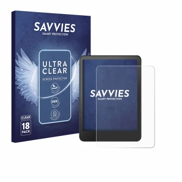 Vorderseite einer Produktverpackung mit dem Markenlogo Savvies. Daneben ist das Gerät Amazon Kindle Colorsoft Signature Editio