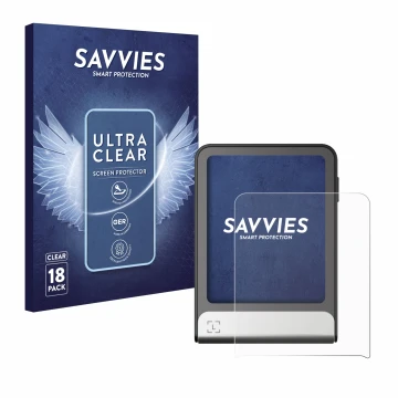 Vorderseite einer Produktverpackung mit dem Markenlogo Savvies. Daneben ist das Gerät Ledger Flex mit dem zugehörigen Displays