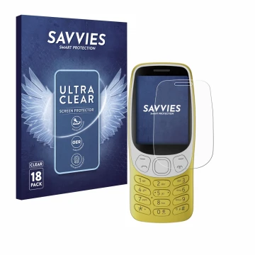 Vorderseite einer Produktverpackung mit dem Markenlogo Savvies. Daneben ist das Gerät Nokia 3210 mit dem zugehörigen Displaysc