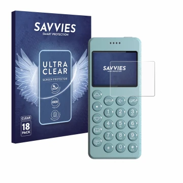Vorderseite einer Produktverpackung mit dem Markenlogo Savvies. Daneben ist das Gerät Punkt MP02 mit dem zugehörigen Displaysc