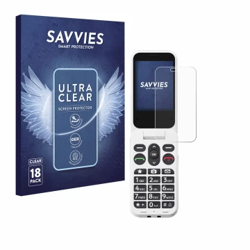 Vorderseite einer Produktverpackung mit dem Markenlogo Savvies. Daneben ist das Gerät Doro Leva L20 mit dem zugehörigen Displa