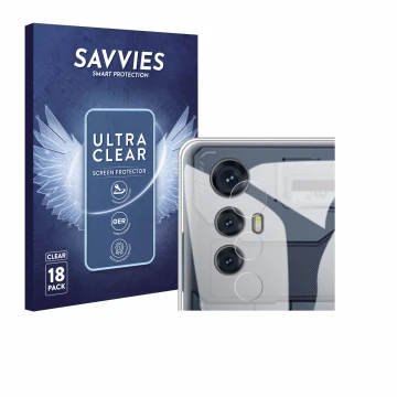 Vorderseite einer Produktverpackung mit dem Markenlogo Savvies. Daneben ist das Gerät Cubot Max 5 (NUR Kamera) mit dem zugehör
