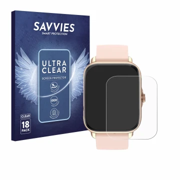 Vorderseite einer Produktverpackung mit dem Markenlogo Savvies. Daneben ist das Gerät Janolty Smartwatch 1.83