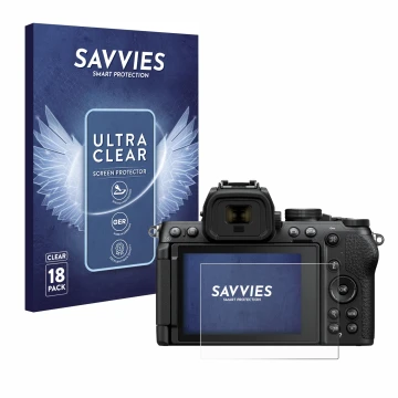 Vorderseite einer Produktverpackung mit dem Markenlogo Savvies. Daneben ist das Gerät Nikon Z50 II mit dem zugehörigen Display