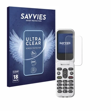 Vorderseite einer Produktverpackung mit dem Markenlogo Savvies. Daneben ist das Gerät Doro 2820 mit dem zugehörigen Displaysch
