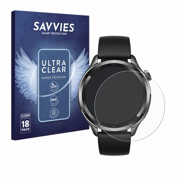 Vorderseite einer Produktverpackung mit dem Markenlogo Savvies. Daneben ist das Gerät Xiaomi Watch S4 (47 mm) mit dem zugehöri