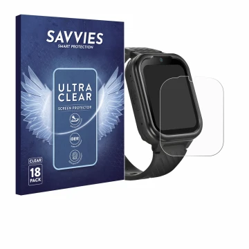 Vorderseite einer Produktverpackung mit dem Markenlogo Savvies. Daneben ist das Gerät RAYOFI Kids Smartwatch mit dem zugehörig