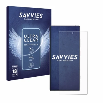 Vorderseite einer Produktverpackung mit dem Markenlogo Savvies. Daneben ist das Gerät Nubia Z70 Ultra mit dem zugehörigen Disp