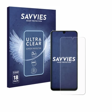 Vorderseite einer Produktverpackung mit dem Markenlogo Savvies. Daneben ist das Gerät Xiaomi Poco C75 mit dem zugehörigen Disp