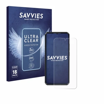 Vorderseite einer Produktverpackung mit dem Markenlogo Savvies. Daneben ist das Gerät Oukitel WP52 mit dem zugehörigen Display