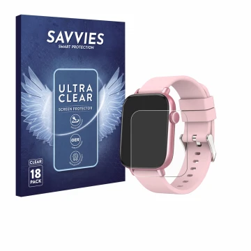 Vorderseite einer Produktverpackung mit dem Markenlogo Savvies. Daneben ist das Gerät Ombar Smartwatch 1.9