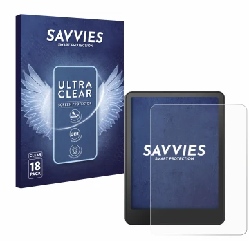 Vorderseite einer Produktverpackung mit dem Markenlogo Savvies. Daneben ist das Gerät Amazon Kindle Paperwhite 2024 (12. Gen.)