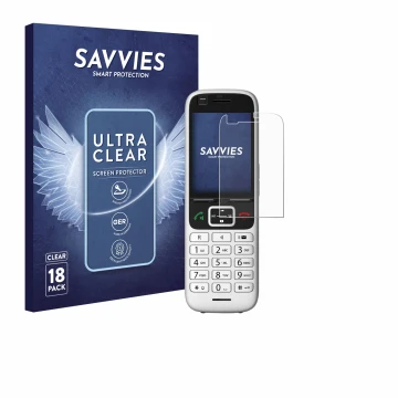 Vorderseite einer Produktverpackung mit dem Markenlogo Savvies. Daneben ist das Gerät Unify OpenScape S6 mit dem zugehörigen D