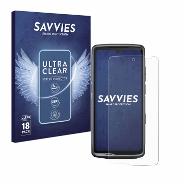 Vorderseite einer Produktverpackung mit dem Markenlogo Savvies. Daneben ist das Gerät Crosscall Stellar M6E mit dem zugehörige