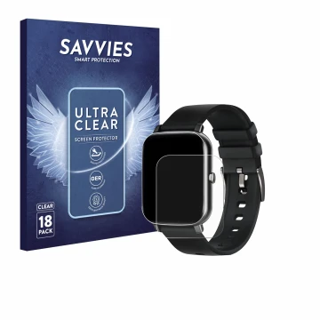 Vorderseite einer Produktverpackung mit dem Markenlogo Savvies. Daneben ist das Gerät Ibettertec Smartwatch 1.69