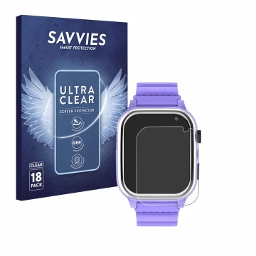 Vorderseite einer Produktverpackung mit dem Markenlogo Savvies. Daneben ist das Gerät Jubunrer Kids Smartwatch mit dem zugehör