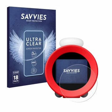 Vorderseite einer Produktverpackung mit dem Markenlogo Savvies. Daneben ist das Gerät Nintendo Sound Clock Alarmo mit dem zuge