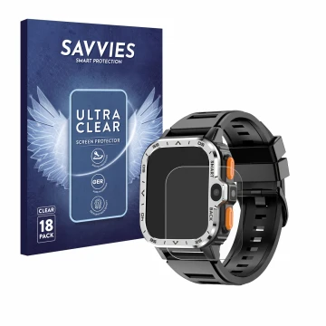 Vorderseite einer Produktverpackung mit dem Markenlogo Savvies. Daneben ist das Gerät HS Smartwatch 2