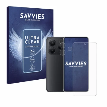 Vorderseite einer Produktverpackung mit dem Markenlogo Savvies. Daneben ist das Gerät Xiaomi Redmi Note 14 (Display+Kamera) mi