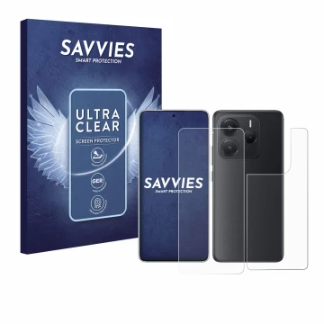 Vorderseite einer Produktverpackung mit dem Markenlogo Savvies. Daneben ist das Gerät Xiaomi Redmi Note 14 (Display+Rückseite)