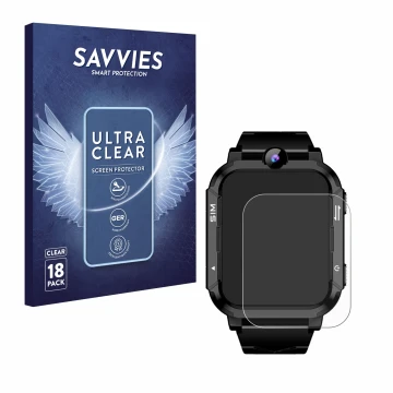 Vorderseite einer Produktverpackung mit dem Markenlogo Savvies. Daneben ist das Gerät Blackview Z20 Kids Smartwatch mit dem zu