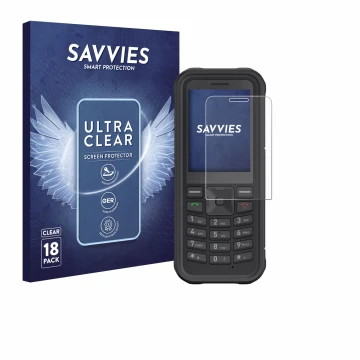 Vorderseite einer Produktverpackung mit dem Markenlogo Savvies. Daneben ist das Gerät Sonim XP100 mit dem zugehörigen Displays