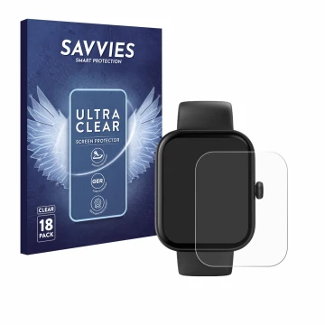 Vorderseite einer Produktverpackung mit dem Markenlogo Savvies. Daneben ist das Gerät Hama Fit Watch 5000 mit dem zugehörigen 