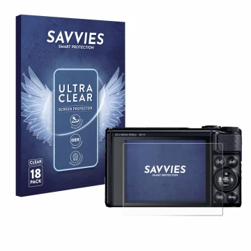Vorderseite einer Produktverpackung mit dem Markenlogo Savvies. Daneben ist das Gerät Canon PowerShot SX740 HS Lite mit dem zu