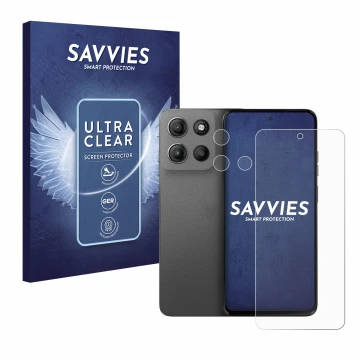 Vorderseite einer Produktverpackung mit dem Markenlogo Savvies. Daneben ist das Gerät Motorola Moto G15 Power (Display+Kamera)