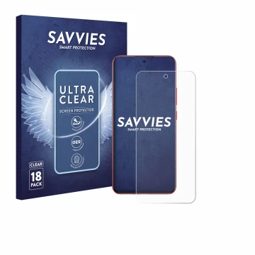 Vorderseite einer Produktverpackung mit dem Markenlogo Savvies. Daneben ist das Gerät Oppo A5 Pro mit dem zugehörigen Displays