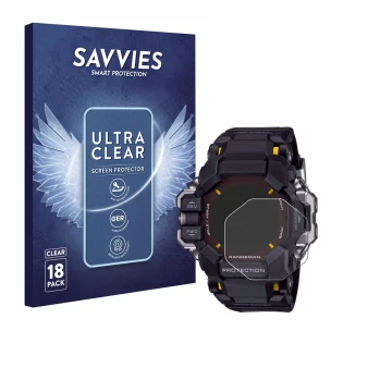 Vorderseite einer Produktverpackung mit dem Markenlogo Savvies. Daneben ist das Gerät Casio G-Shock GPR-H 1000 mit dem zugehör