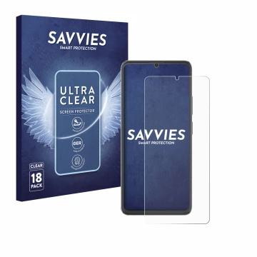 Vorderseite einer Produktverpackung mit dem Markenlogo Savvies. Daneben ist das Gerät Cubot A20 mit dem zugehörigen Displaysch