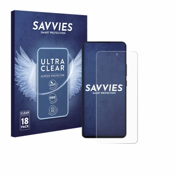 Vorderseite einer Produktverpackung mit dem Markenlogo Savvies. Daneben ist das Gerät Oppo Reno 13 F mit dem zugehörigen Displ