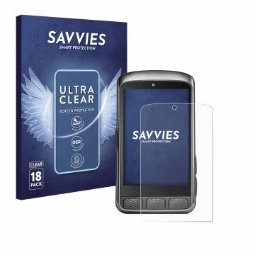 Vorderseite einer Produktverpackung mit dem Markenlogo Savvies. Daneben ist das Gerät Wahoo Elemnt ACE mit dem zugehörigen Dis