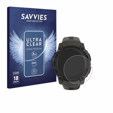 Vorderseite einer Produktverpackung mit dem Markenlogo Savvies. Daneben ist das Gerät Garmin Instinct E (40 mm) mit dem zugehö