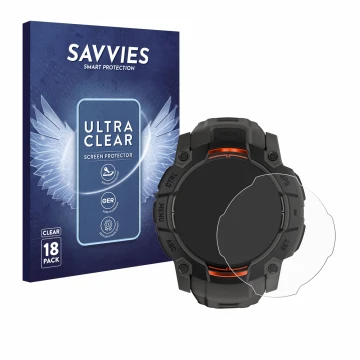 Vorderseite einer Produktverpackung mit dem Markenlogo Savvies. Daneben ist das Gerät Garmin Instinct 3 Solar (45 mm) mit dem 