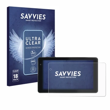 Vorderseite einer Produktverpackung mit dem Markenlogo Savvies. Daneben ist das Gerät Lisciani Mio Tab 7 mit dem zugehörigen D