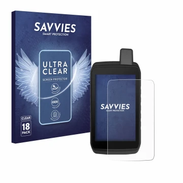 Vorderseite einer Produktverpackung mit dem Markenlogo Savvies. Daneben ist das Gerät Garmin Montana 710 mit dem zugehörigen D