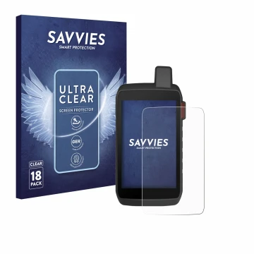 Vorderseite einer Produktverpackung mit dem Markenlogo Savvies. Daneben ist das Gerät Garmin Montana 760i mit dem zugehörigen 