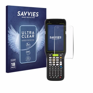 Vorderseite einer Produktverpackung mit dem Markenlogo Savvies. Daneben ist das Gerät Zebra MC3400 mit dem zugehörigen Display