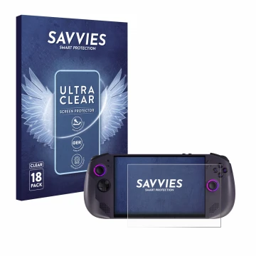 Vorderseite einer Produktverpackung mit dem Markenlogo Savvies. Daneben ist das Gerät Lenovo Legion Go S mit dem zugehörigen D