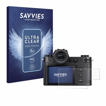 Vorderseite einer Produktverpackung mit dem Markenlogo Savvies. Daneben ist das Gerät Leica SL3-S (Display + Schulterdisplay) 