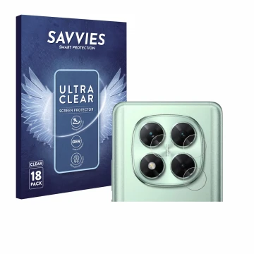 Vorderseite einer Produktverpackung mit dem Markenlogo Savvies. Daneben ist das Gerät Xiaomi Poco X7 (NUR Kamera) mit dem zuge