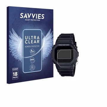 Vorderseite einer Produktverpackung mit dem Markenlogo Savvies. Daneben ist das Gerät Casio G-Shock DW-5600RL-1 mit dem zugehö
