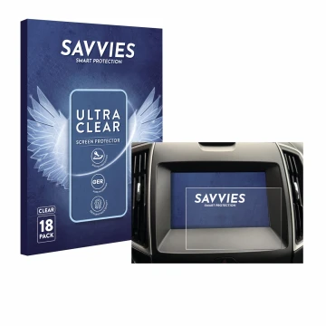 Vorderseite einer Produktverpackung mit dem Markenlogo Savvies. Daneben ist das Gerät Ford Galaxy Infotainment Sync 3 (2019) m
