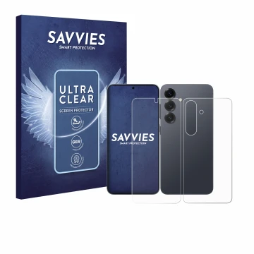 Vorderseite einer Produktverpackung mit dem Markenlogo Savvies. Daneben ist das Gerät Samsung Galaxy S25 (Display+Rückseite) m