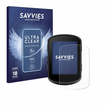 Vorderseite einer Produktverpackung mit dem Markenlogo Savvies. Daneben ist das Gerät Garmin Edge 540 Solar mit dem zugehörige