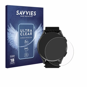 Vorderseite einer Produktverpackung mit dem Markenlogo Savvies. Daneben ist das Gerät Garmin Approach S50 mit dem zugehörigen 