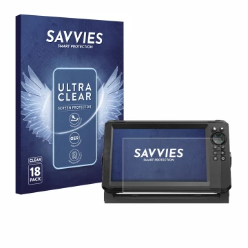 Vorderseite einer Produktverpackung mit dem Markenlogo Savvies. Daneben ist das Gerät Lowrance Eagle 9 mit dem zugehörigen Dis