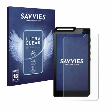 Vorderseite einer Produktverpackung mit dem Markenlogo Savvies. Daneben ist das Gerät Hiby R4 mit dem zugehörigen Displayschut